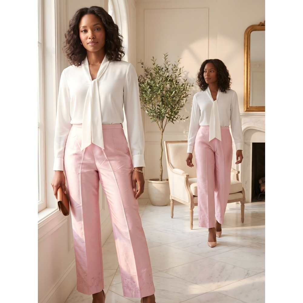Lord & Taylor Pink Silk‎ Crop Trousers Size 6 NWT Embroidered Hem